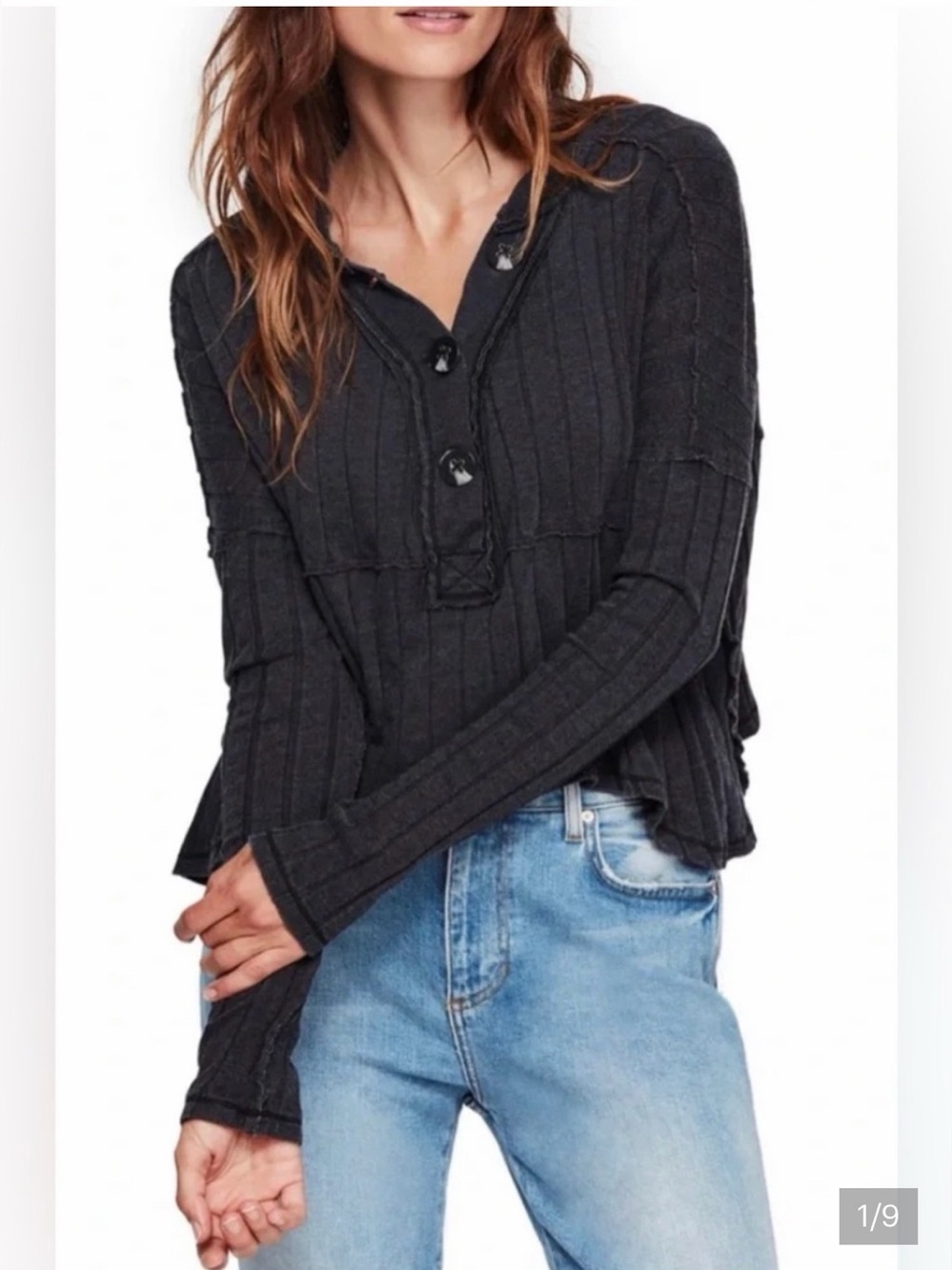 Free People Black Ribbed Long Sleeve Henley Top